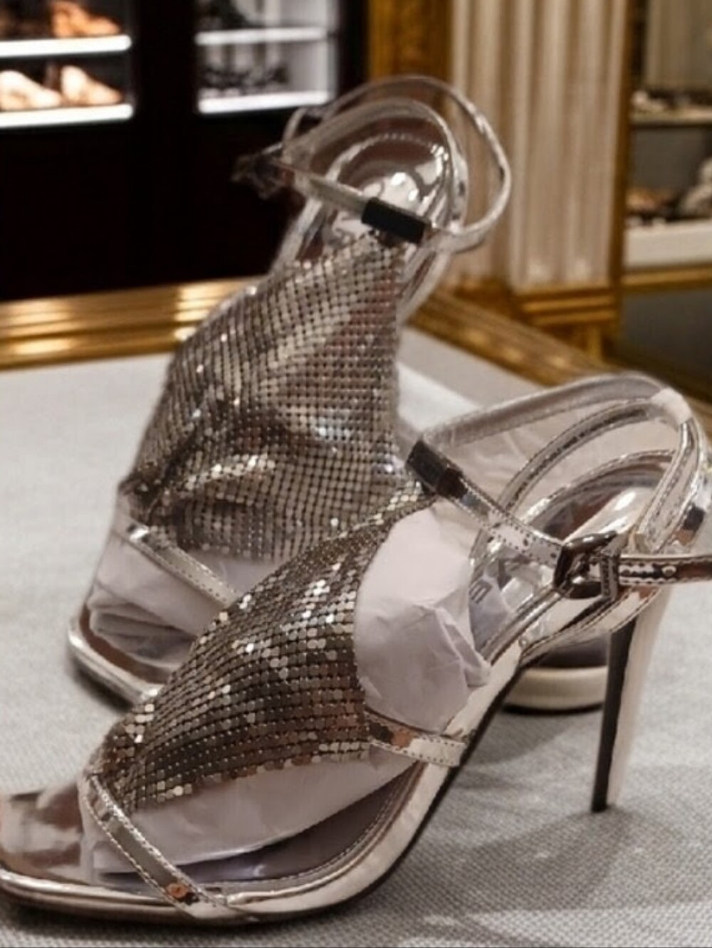 New Carvela Chainmail Armour Glamorous Silver Stiletto Heel Sandals 7.5 & 8, 8.5